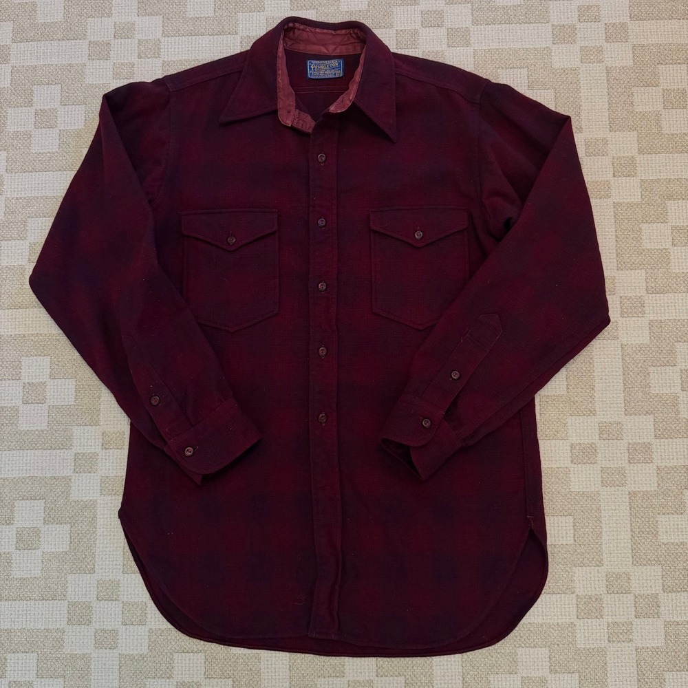 Vintage Pendleton Wool Shirt Burgundy Shadow Plaid Flannel Mens Large 15.5